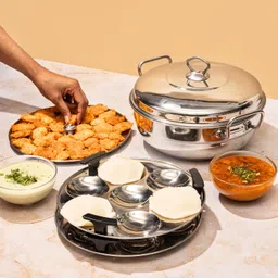 Vinod Stainless Steel Deluxe Multi Kadai with 6 Plates - 26cm, 2 Idli, 2 Dhokla,1 Patra and 1 Mini Idli Plate | Dhokla and Momos Steamer, Maker,Induction Friendly image 2