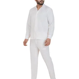 s s fashion Men's Solid Polyester Summer Co-ord Set with Collared Shirts & Pant Set White image 2