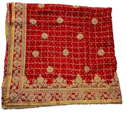 asha chunri house Women Red Bridal Bandhani Dupatta With Velvet Border And Moti 2.25 Mtr image 3