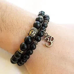 shining diva fashion D'vine Set of 2 Yoga & Meditation Om Charm Buddha Reiki Beads Stylish Bracelet for Men Women(Black)(9377b) image 2