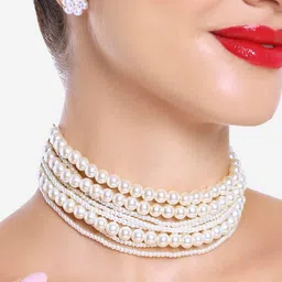 zaveri pearls White Pearls Multistrand Beaded Choker Necklace & Earring Set For Women-ZPFK16723 image 2