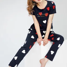zeyo ZEYONight Suit for Women's Navy Blue Heart Printed Cotton Night Dress of Top and Pajama Set 5780 image 3