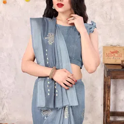 mirchi fashion Women's Cotton Blend Mix 2-Tone Foil Printed Saree with Blouse Piece image 5
