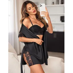 ssoshhub Lingerie for Women Satin Sleeping Robe Eyelash Lace Kimono Side Split Sexy Silk Robes image 4