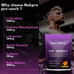 Nakpro Pre Workout Supplement with 100mg Caffeine, 1200mg Creatine Monohydrate and 1200mg Citrulline | Helps in Lean Muscle Building, Improves Workout Performance - 20 Servings (Tangy Orange, 100g) image 3