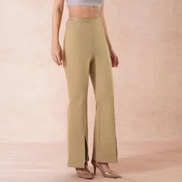 globus Women Stretchable High-Rise Front Slit Waist Tie-Up Detail Relaxed Fit Work Wear Treggings image 3