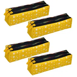 homestic Pencil Pouch | Rexine Stationary Pouch | Pencil Utility Pouch | School Pencil Case for Kids | Pen-Pencil Box for Kids | 2 Zipper Pencil Organizer | Star Pencil Pouch | Pack of 4 | Yellow image 1