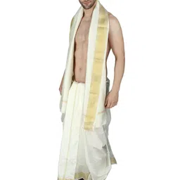 exotic india Cream Dhoti and Angavastram with Golden Woven Border image 4