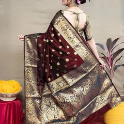 women elegence Women's Banarasi Silk Saree with Intricate Gold Zari Weaving & Unstitched Blouse Piece – Traditional Indian Wedding Attire image 2