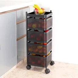 Kitchenwell Multi-Purpose Trolley Storage Organizer and Kitchen Accessories Items for Kitchen Storage Rack Square Design Fruits & Vegetable Onion Cutlery (Matt Black, 4 Layer Drawer) image 4