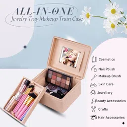 Hard Craft Large Capacity Cosmetic Bags for Womens Girls Bride Multi Functional Beauty Case Wedding Makeup Jewelery Bridal Box Leather Storage Organizer Home Travel with Mirror Handle 23x18x12 cm image 2