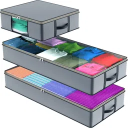 BLACKBOXES Non-Woven 2 Large Underbed Storage Bags + 1 Organizer Bin Foldable Under Bed Containers For Clothes, Blankets, Toys & Shoes, Gray, 5.9 Cm, 17.7 Grey image 1