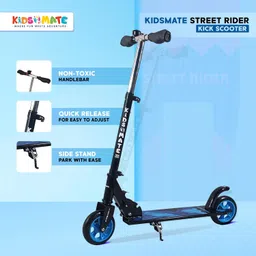 Kidsmate Street Rider Metal Kick Scooter for Kids of Ages 6-13 Years | 2 Wheel Scooter, Foldable Design, 3 Adjustable Height Option with Rear Braking | Max User Weight 50kg - (Blue) image 4
