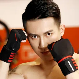 HHADEK Gym Gloves for Men and Women, Weightlifting Gloves with Padded Palm, Fingerless Design for Maximum Grip, Bodybuilding & Fitness Training, Wrist Support Straps for Injury Prevention (RED, L) image 4