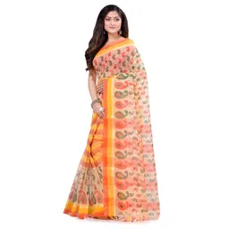 db desh bidesh Women`s Bengal Tant Kolka Print Design Pure Handloom Cotton Saree Without Blouse Piece (Red Yellow) image 4