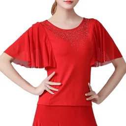 bnf® Elegant Women Dance Tops Bell Sleeves Short Sleeve for Cha Cha Practice Tops XL Red image 4