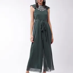 miss chase Women's Dark Green Round Neck Ruffled Sleeve Solid Embroidered Regular Jumpsuit image 2