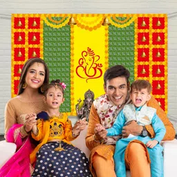 Party Propz Backdrop for Pooja - 1Pc (8ft*5ft) Haldi Decoration Items for Home, Traditional Cloth Banner Set image 5