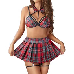 bellevino Women’s Babydoll Schoolgirl Boudoir Lingerie Set Solid Role Play Student Costume with Sweetheart Neck and Cotton Skirt for Valentine Couple’s image 1