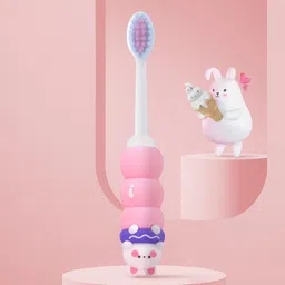 StarAndDaisy Baby Manual Toothbrush 1 Year + Kids With Soft And Fluffy 10000 Gentle Bristles, 80 Micron Split-Beam Bristle, Non-Slip Comfortable Dinosaur Handle (Teddy-Pink),1 Count image 1