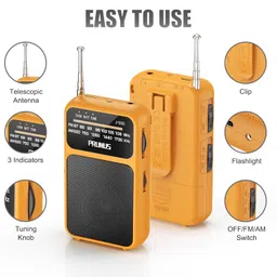 PRUNUS J-555 Pocket Radio AM FM USB-C Charging& Battery Operated, Excellent Reception Clear Speaker and Earphone Jack, Back Clip, Flashlight, Transistor, Portable AM FM, Mini(Orange) image 4