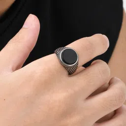 peora Silver Plated Black Stone Studded Finger Ring Stylish Fashion Jewellery Gift for Men & Boys (US 8 to 11) image 2