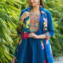 colors of earth Women's Embroidered Cotton Anarkali & Pant With Dupatta Set(COE_457) image 4