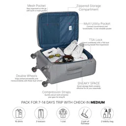 safari Select AIRPRO 67cm Check-in Trolley Bag Soft Sided Premium Polyester 8 Wheels with 360 Degree Rotation, 40% Lighter, Recessed TSA Lock, Trolley Bags for Travel, Suitcase for Travel, Grey image 5