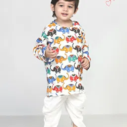 Polka Tots Full Sleeves All Over Elephant Printed Kurta With Dhoti - White-image-66