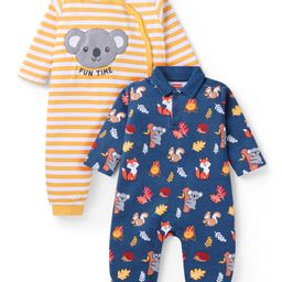 Babyhug 100% Cotton Knit Full Sleeves Striped & Animal Printed Romper Pack of 2 - Orange & Navy Blue-picture-8