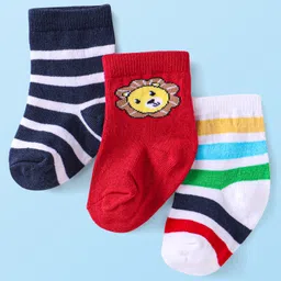 Cute Walk by Babyhug Knit Ankle Length Striped Socks With Lion Design Pack of 3 - Navy Blue Red & White-picture-20