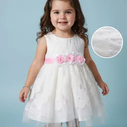 Babyhug Woven Sleeveless Mesh Party Dress With Lace Detailing & Floral Applique - White-image-67