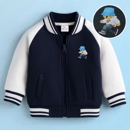 Mark & Mia Fleece Knit Full Raglan Sleeves Bomber Jacket With Teddy Bear Print & Tipping Rib Detailing - Navy Blue & White-picture-17