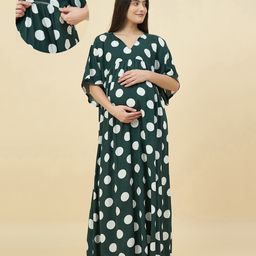 The Kaftan Company Modal Woven Three Fourth Sleeves Polka Dots Printed Maternity Nighty With Concealed Zipper Nursing Access - Green-picture-10