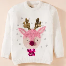 Yellow Apple Knitted Full Sleeves Pullover Sweater With Reindeer Embroidery & Sequin Detailing - White-picture-16