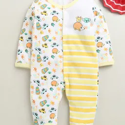 BUMZEE Cotton Knit Full Sleeves Footed Sleepsuit With Vehicle Print - Yellow & White-picture-33