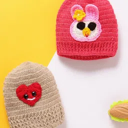 MayRa Knits Knitted Woven Pack Of 2 Bunny & Heart Crochet Designed Caps - Red & Beige - Circumference - 32 Cm-picture-25