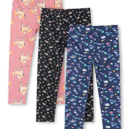 Ariel Cotton Knit Pack Of 3 Unicorn & Floral Printed Leggings - Orange Black & Blue-picture-36