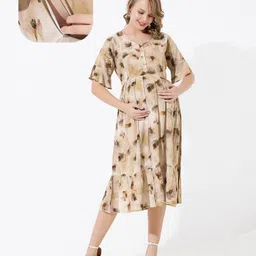 Quira Cotton Blend Woven Half Bell Sleeves Floral Printed Maternity Dress With Side Zipper Nursing Access - Gold-picture-43