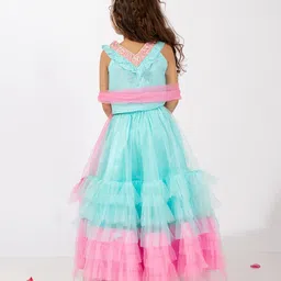 Elaisha Sleeveless Floral Embroidered & Ruffle Detailed Lehenga Choli With Dupatta Set - Light Blue & Pink image 3