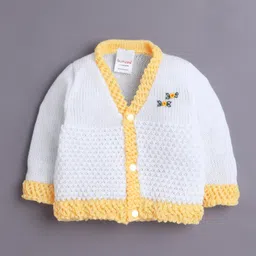 BUMZEE Knit Full Sleeves Cable Knit Design Solid Color Front Open Sweater with Cap & Booties - White & Yellow image 2