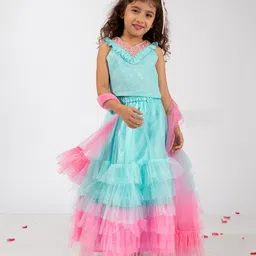 Elaisha Sleeveless Floral Embroidered & Ruffle Detailed Lehenga Choli With Dupatta Set - Light Blue & Pink image 4