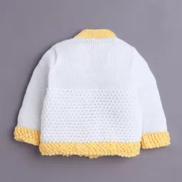 BUMZEE Knit Full Sleeves Cable Knit Design Solid Color Front Open Sweater with Cap & Booties - White & Yellow image 3