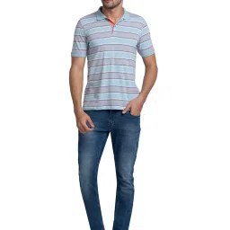 Raymond Light Blue Regular Fit Striped Polo T-Shirt image 5
