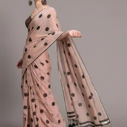 Suta Peach & Black Cotton Polka Dots Saree Without Blouse image 3