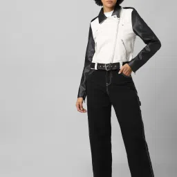 Only Beige & Black Regular Fit Biker Jacket image 4