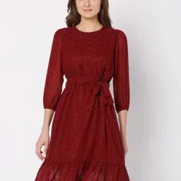 Vero Moda Maroon Self Design Midi A Line Dress-picture-18