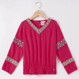 Ed-a-Mamma Kids Red & Green Cotton Embroidered Full Sleeves Top-picture-4
