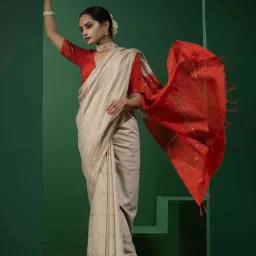 Triyah Cream Woven Saree With Unstitched Blouse image 5