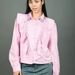 Odette Pink Cotton Blend Embellished Shirt-image-7